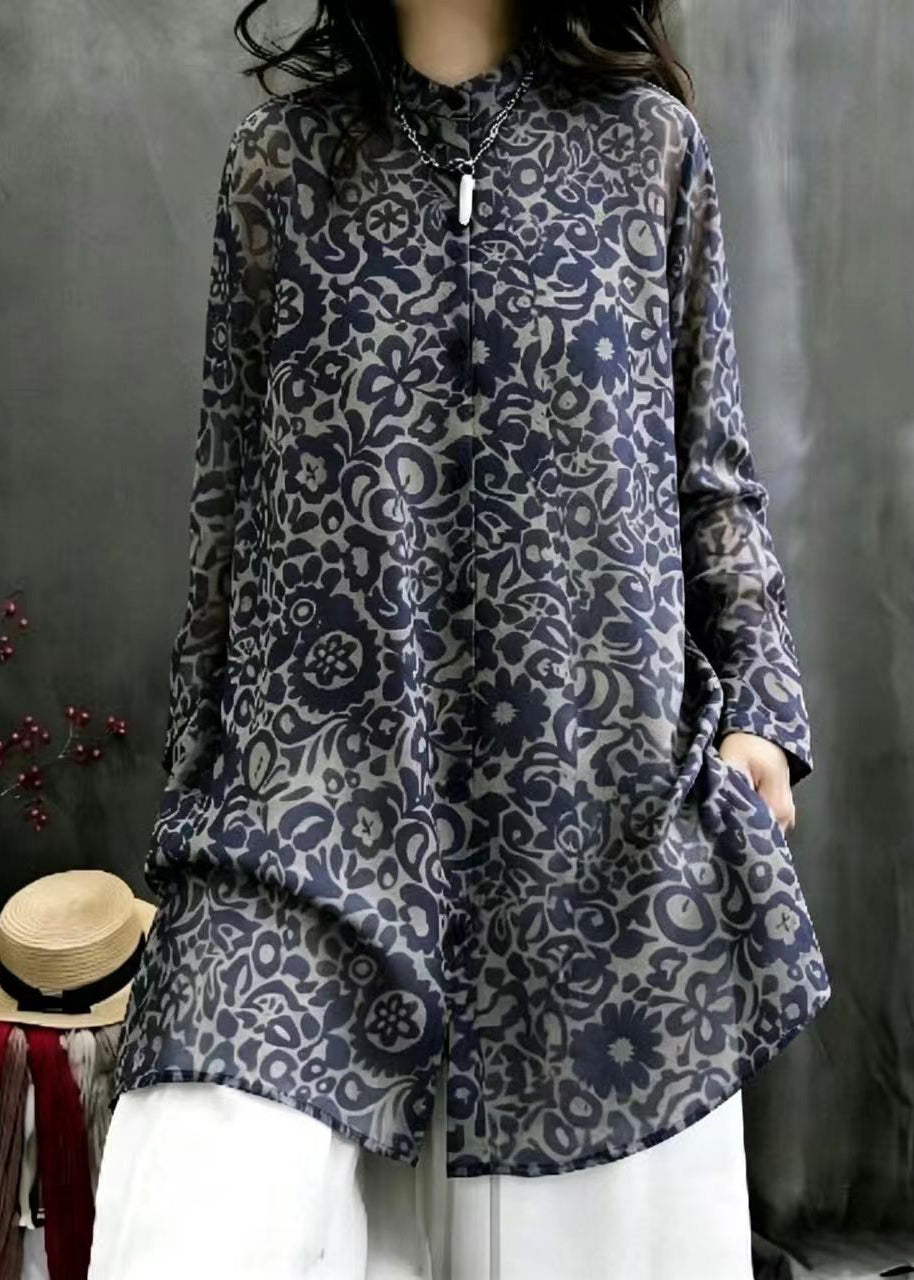 Casual Navy Print Stand Collar Chiffon Long Shirt Top Fall