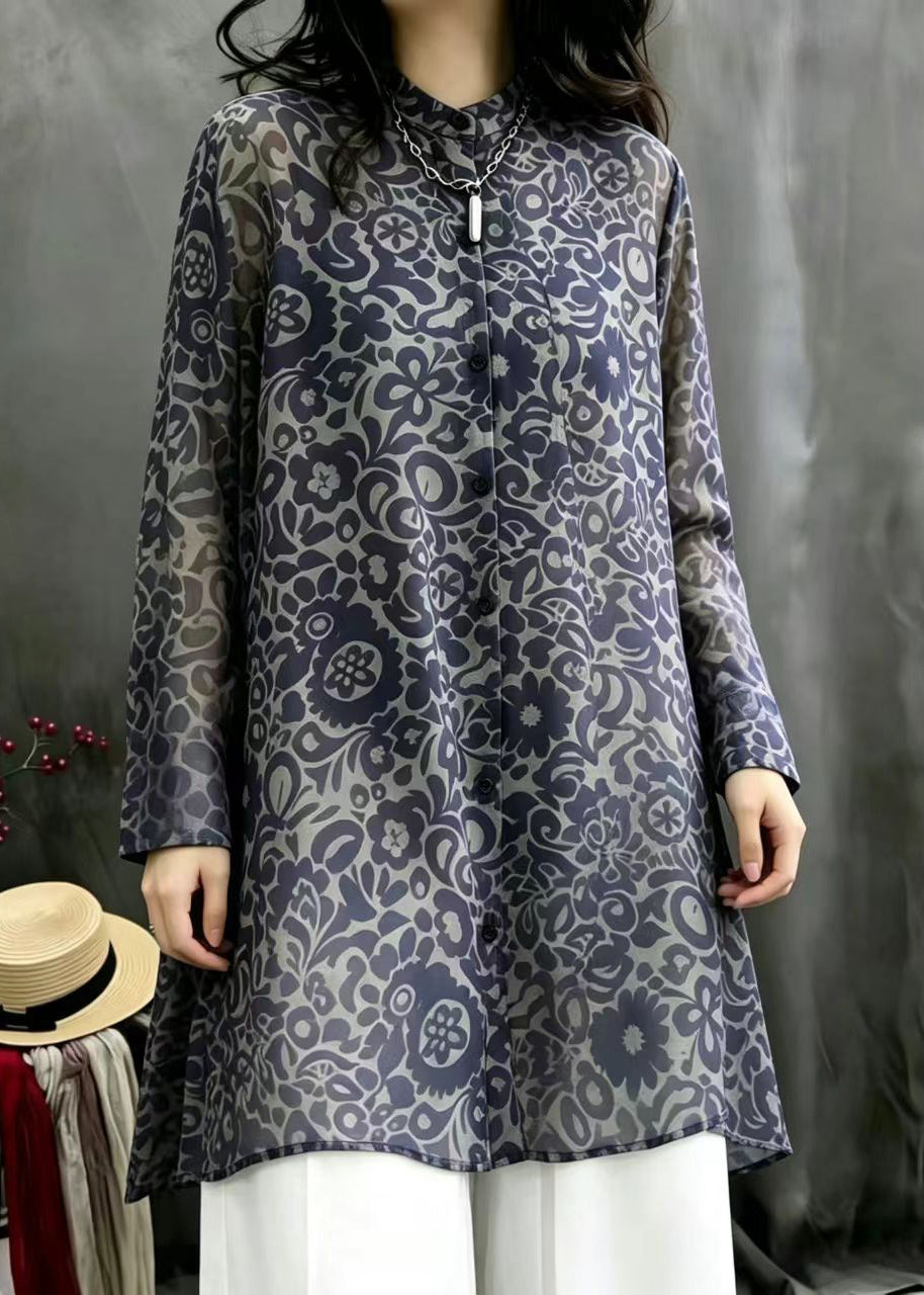 Casual Navy Print Stand Collar Chiffon Long Shirt Top Fall