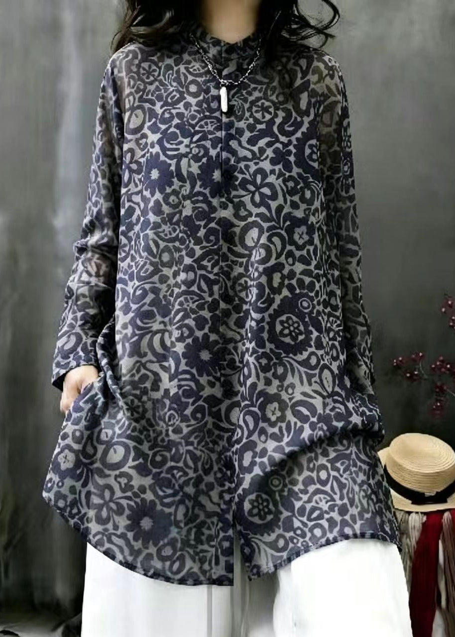 Casual Navy Print Stand Collar Chiffon Long Shirt Top Fall