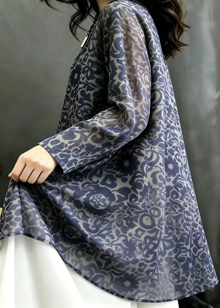 Casual Navy Print Stand Collar Chiffon Long Shirt Top Fall