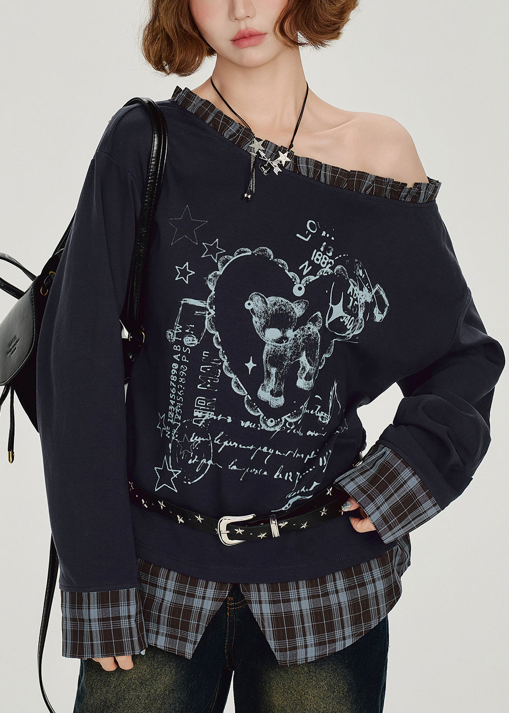 Casual Navy Ruffled falsePatchwork False Two Pieces Cotton Top Spring