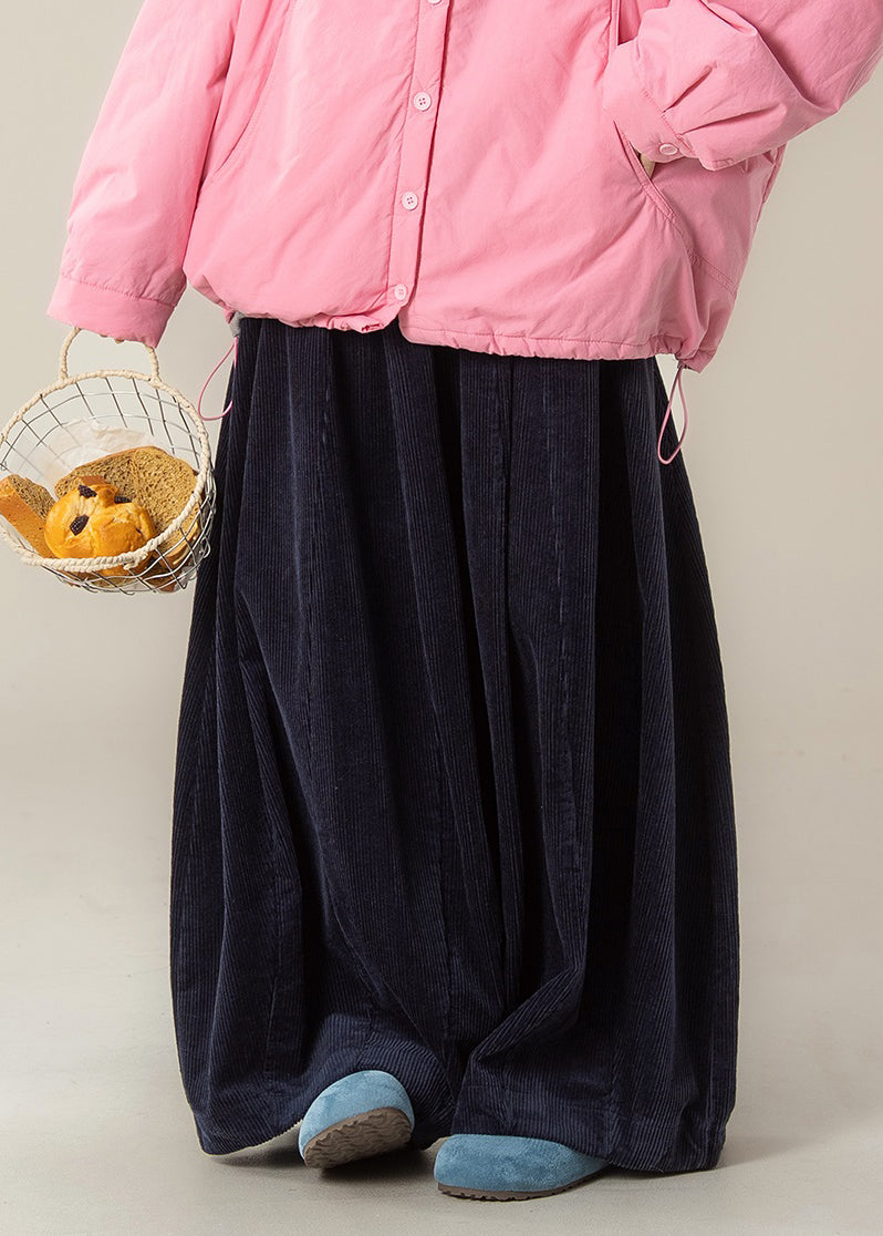 Casual Navy Solid High Waist Corduroy Wide Leg Pants