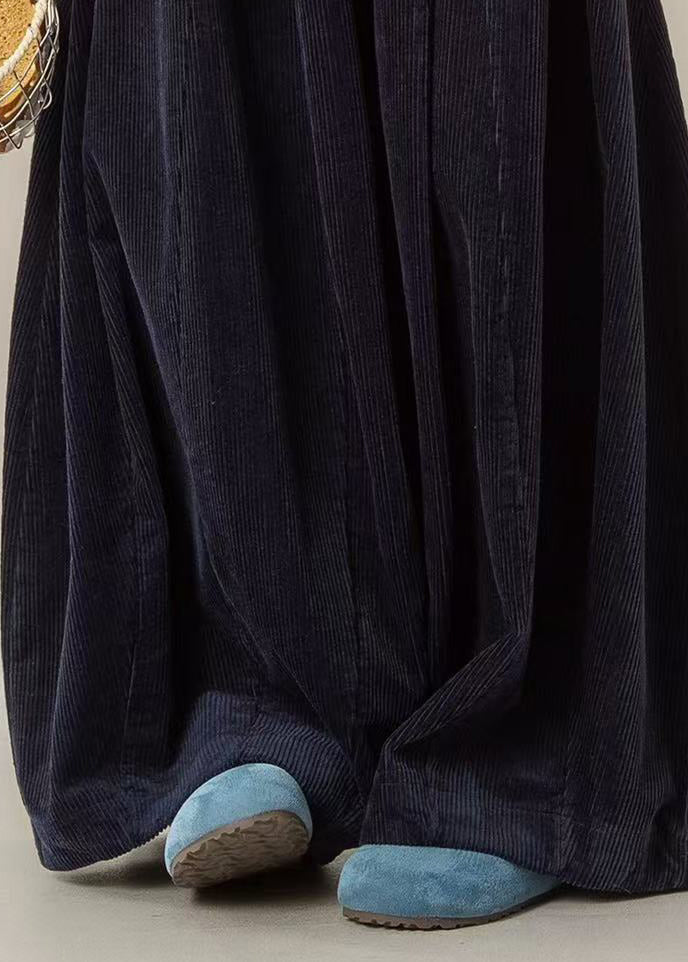 Casual Navy Solid High Waist Corduroy Wide Leg Pants