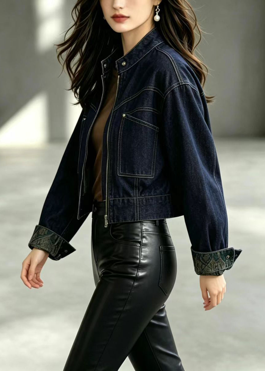 Casual Navy Stand Collar Pockets Denim Jacket Fall