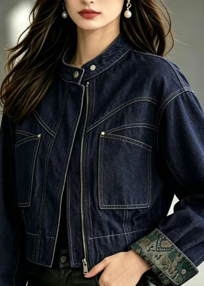 Casual Navy Stand Collar Pockets Denim Jacket Fall