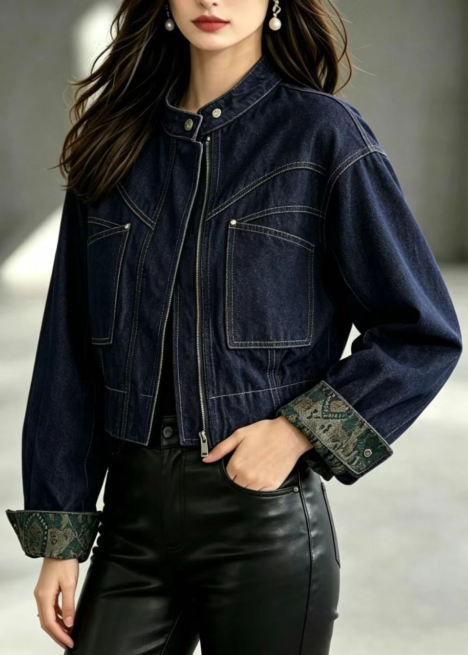 Casual Navy Stand Collar Pockets Denim Jacket Fall