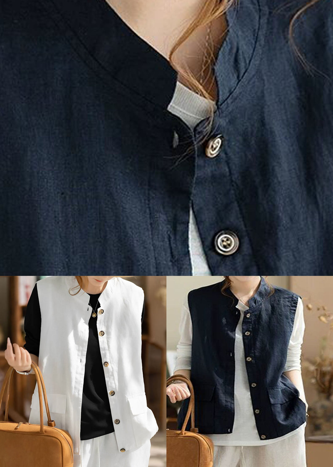 Casual Navy Stand Collar Waistcoat Sleeveless