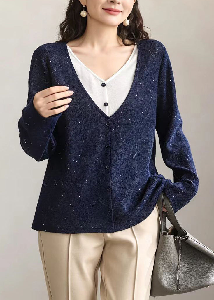 Casual Navy V Neck Sequins Fake Two Piece Knit Cardigan Fall
