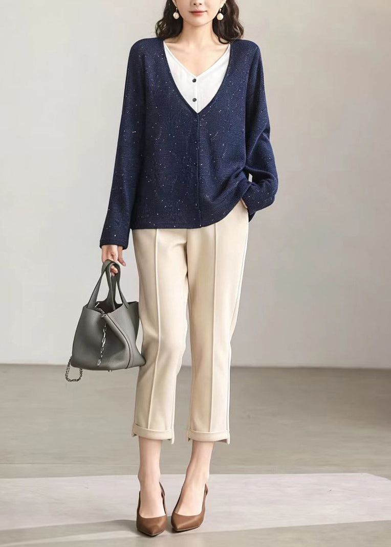 Casual Navy V Neck Sequins Fake Two Piece Knit Cardigan Fall