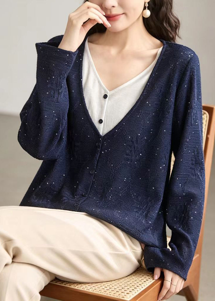 Casual Navy V Neck Sequins Fake Two Piece Knit Cardigan Fall