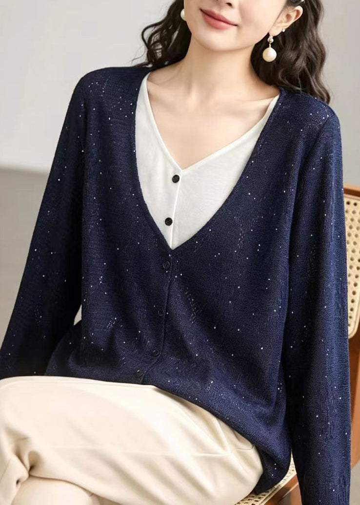 Casual Navy V Neck Sequins Fake Two Piece Knit Cardigan Fall