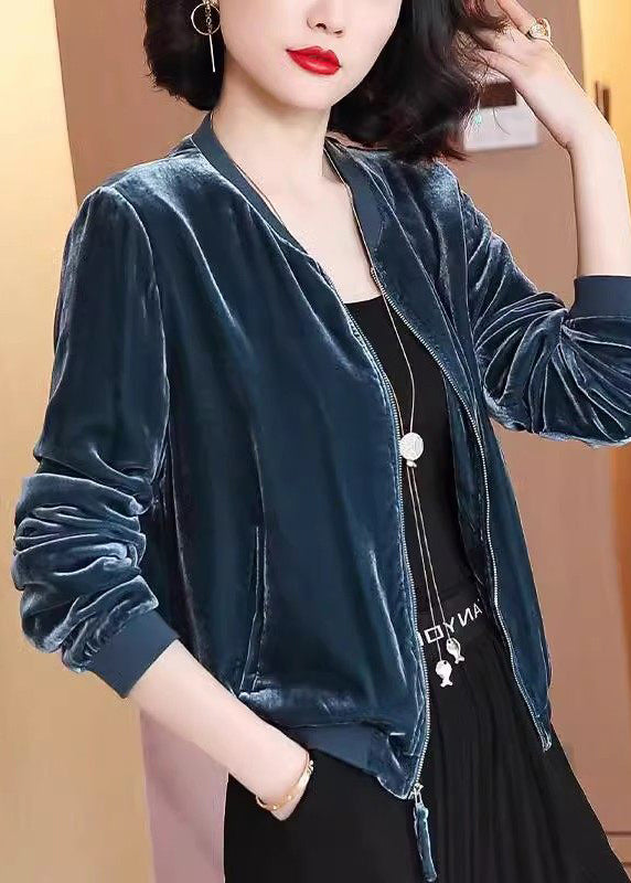Casual Navy Zip Up Pockets Velour Jacket Spring