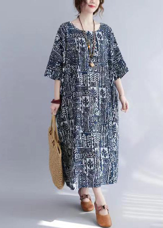 Casual O-Neck Print Long Dress Half Sleeve