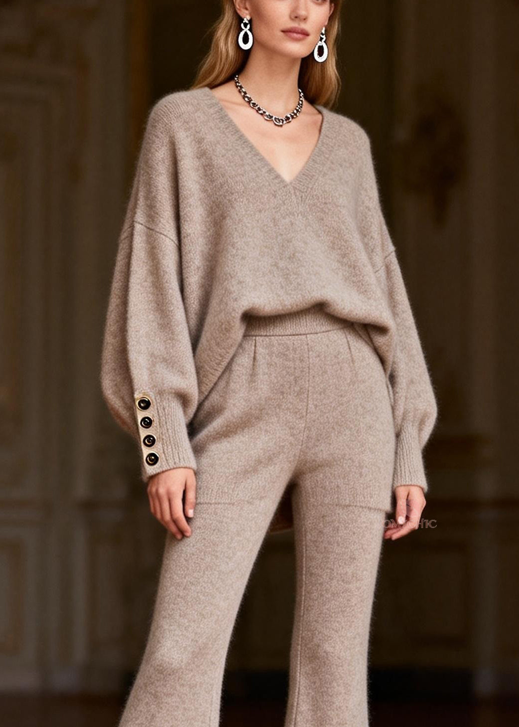 Casual Oat Color V Neck Patchwork Cotton Knit Two Pieces Set Lantern Sleeve