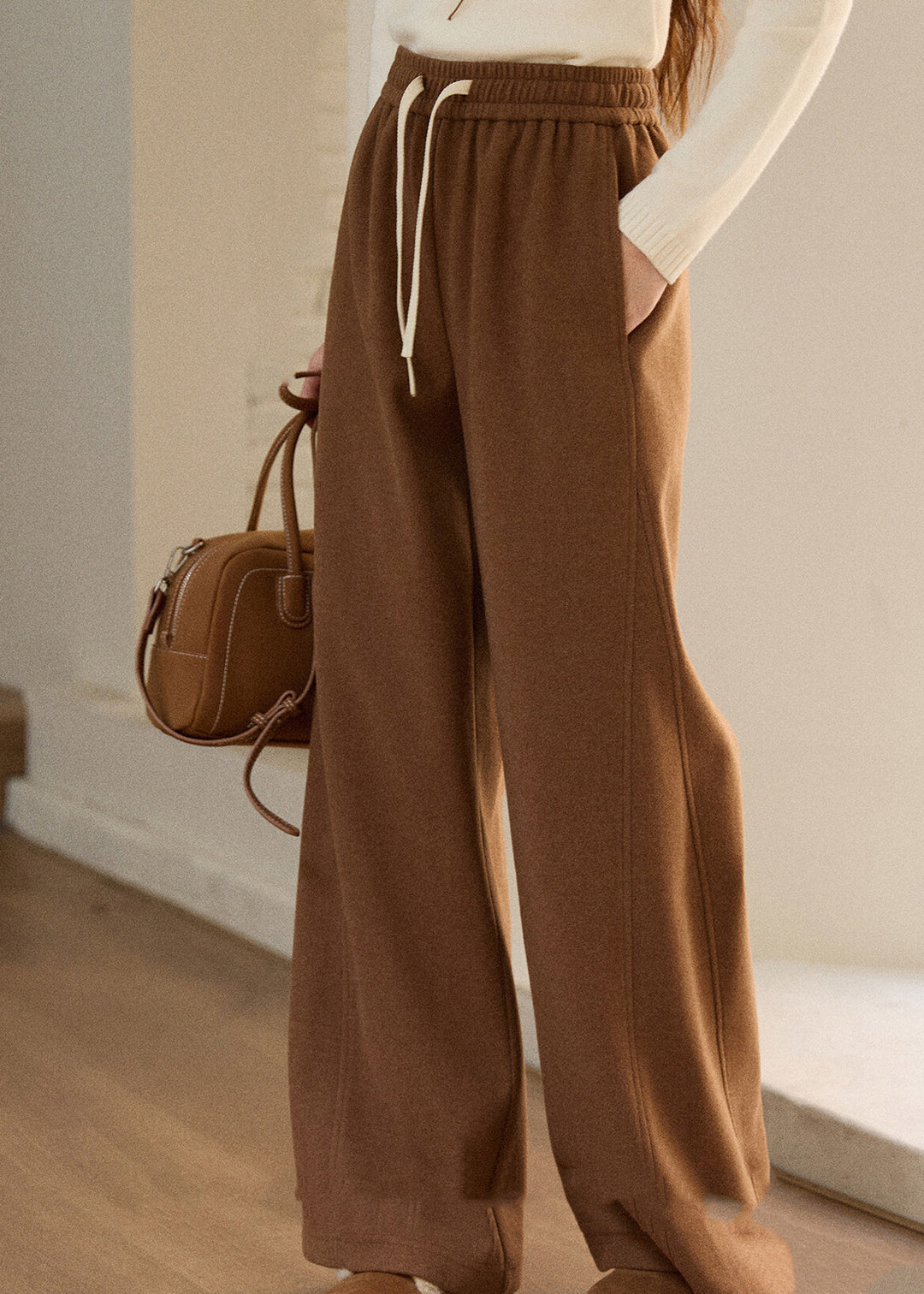 Casual Oatmeal Pockets Elastic Waist Solid Woolen Wide Leg Pants Fall