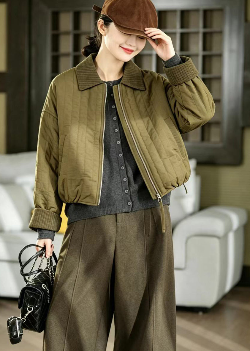 Casual Olive Green Turn-Down Collar Quilted Thin Cotton Filled Jacket Winter