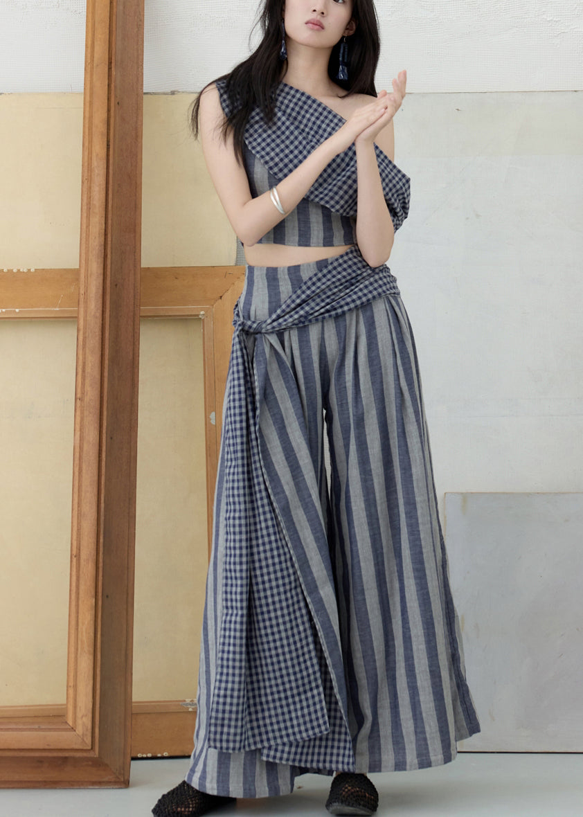 Casual One Shoulder Striped Top And Wide Leg Pants Two Pieces Set Summer