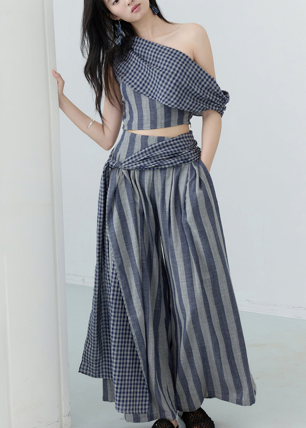 Casual One Shoulder Striped Top And Wide Leg Pants Two Pieces Set Summer