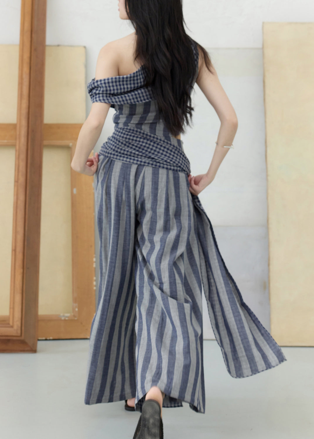 Casual One Shoulder Striped Top And Wide Leg Pants Two Pieces Set Summer