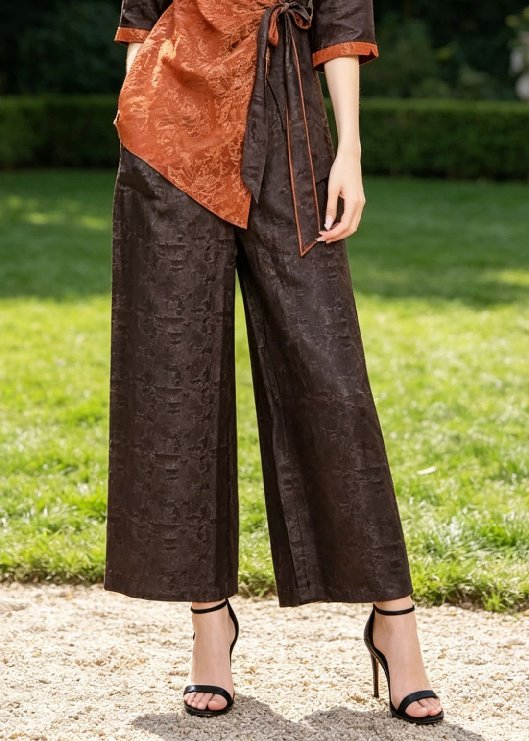 Casual Orange Asymmetrical Patchwork Jacquard Two Piece Suit Set Half Sleeve