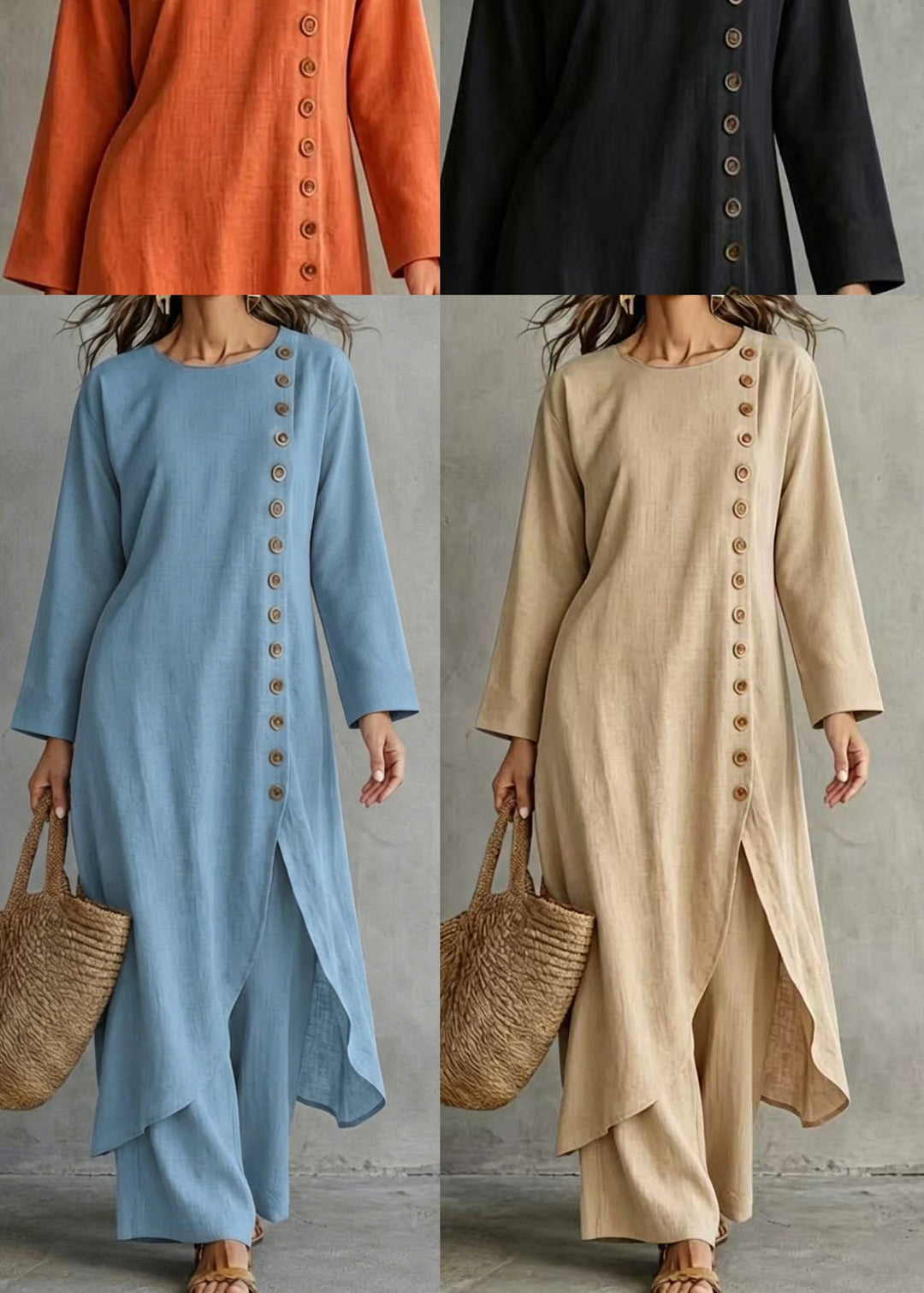Casual Orange Asymmetrical Side Open Cotton Two Pieces Set Fall