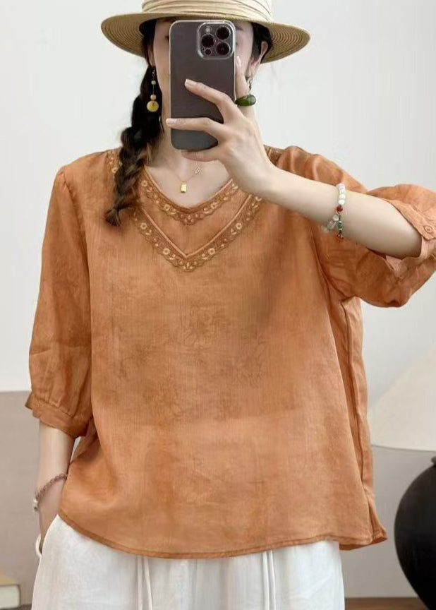 Casual Orange Embroidered Oversized Linen Shirt Summer