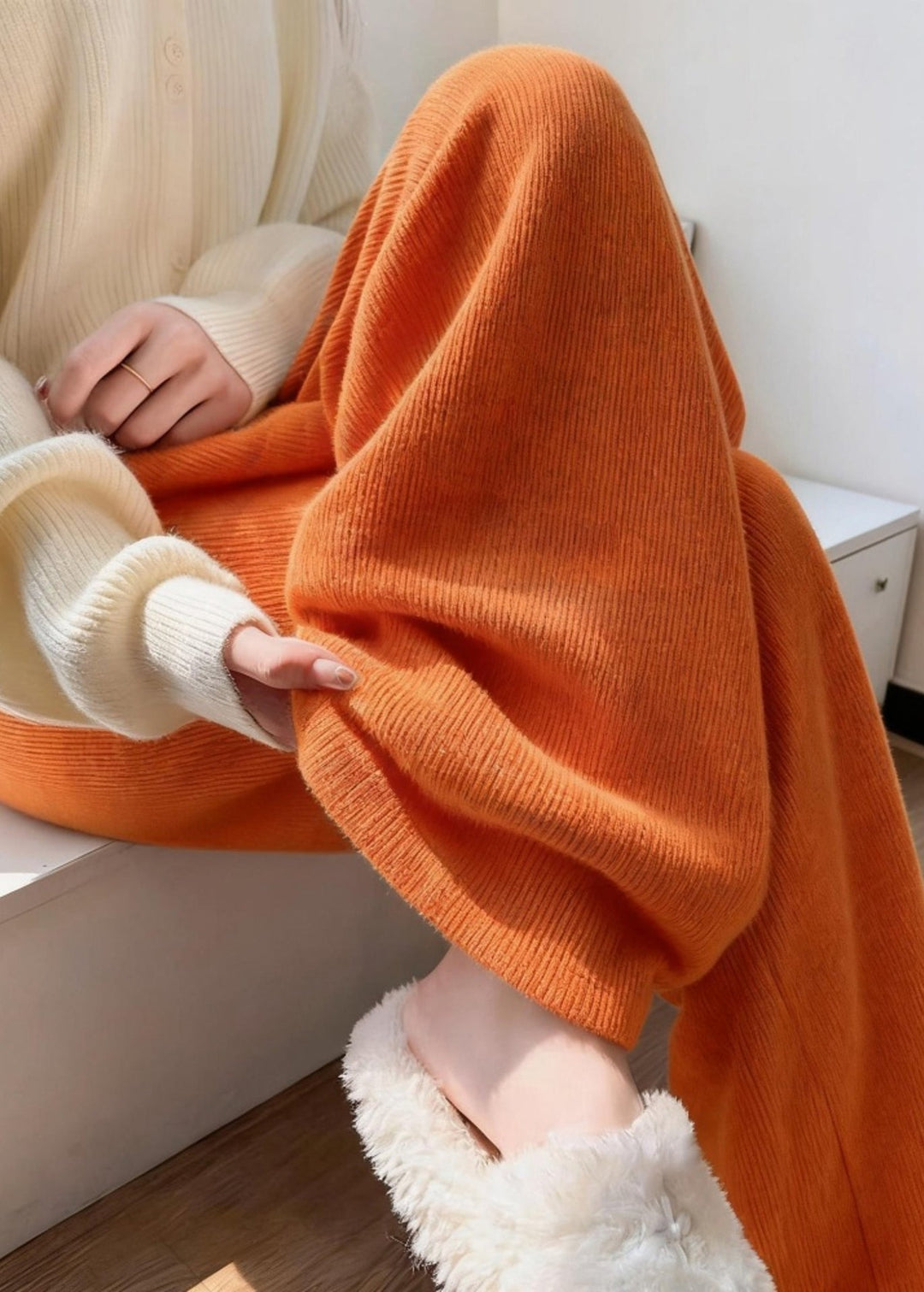 Casual Orange High Waist Corduroy Wide Leg Pants Fall