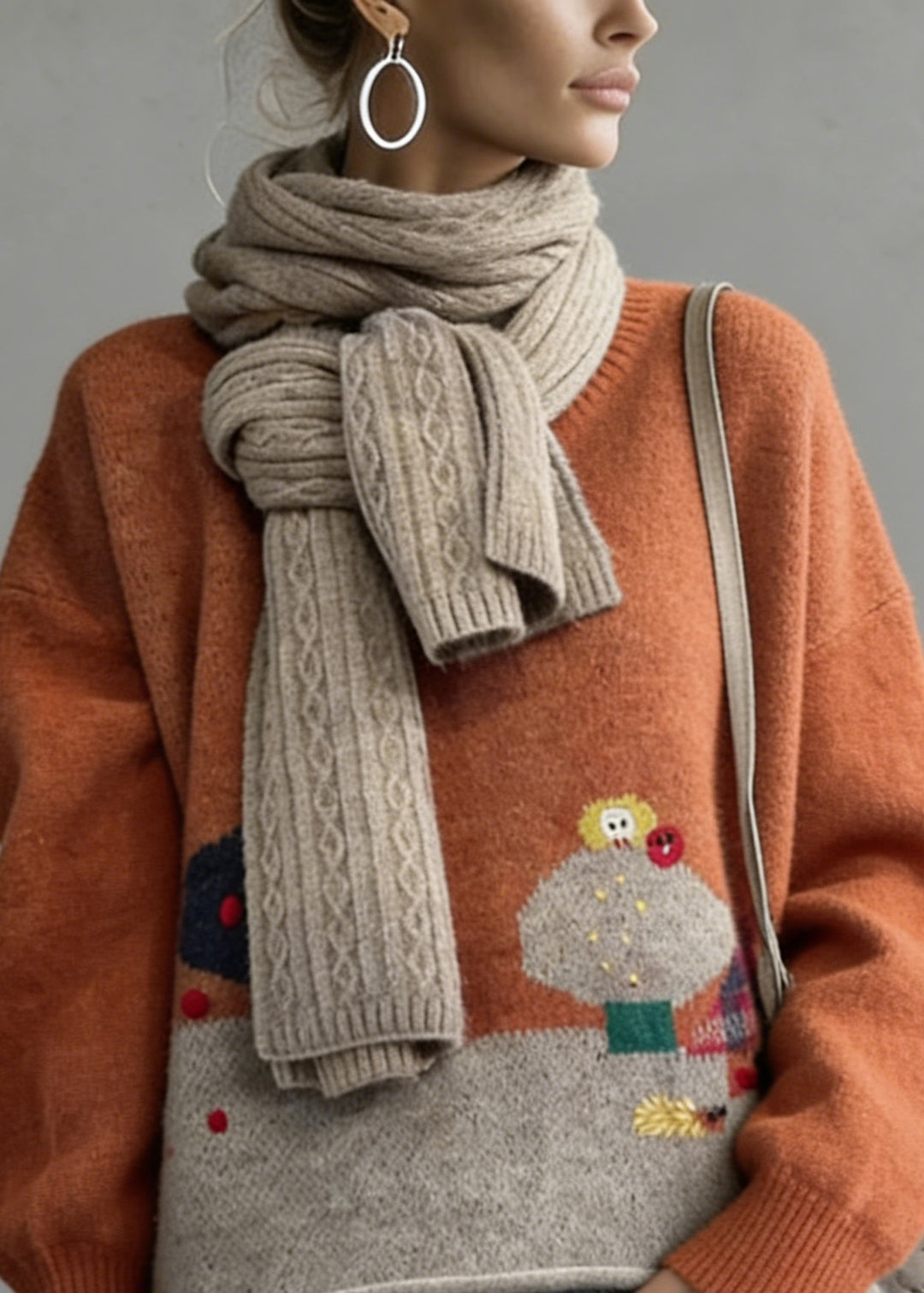 Casual Orange O-Neck Oversized Cartoon Print Knitted Tops Winter