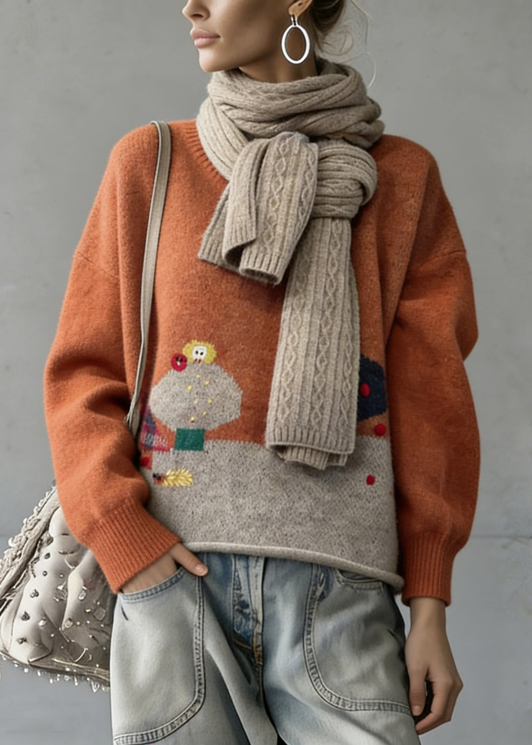 Casual Orange O-Neck Oversized Cartoon Print Knitted Tops Winter