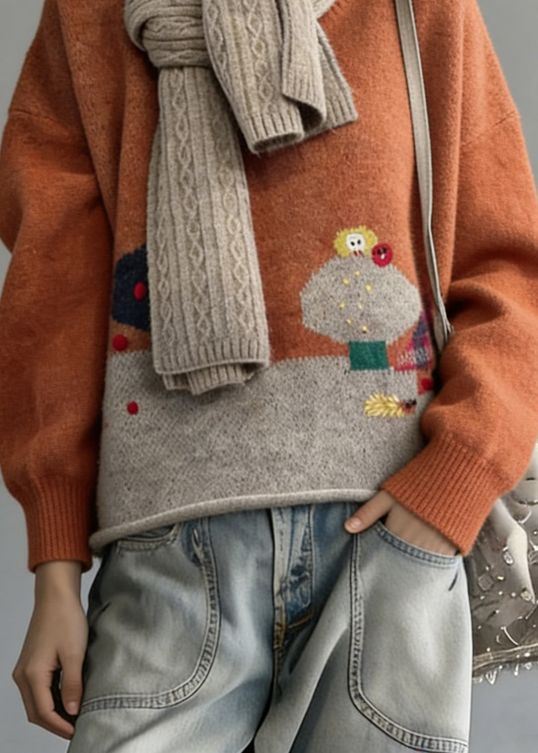 Casual Orange O-Neck Oversized Cartoon Print Knitted Tops Winter