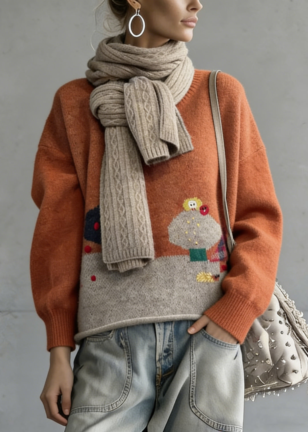 Casual Orange O-Neck Oversized Cartoon Print Knitted Tops Winter