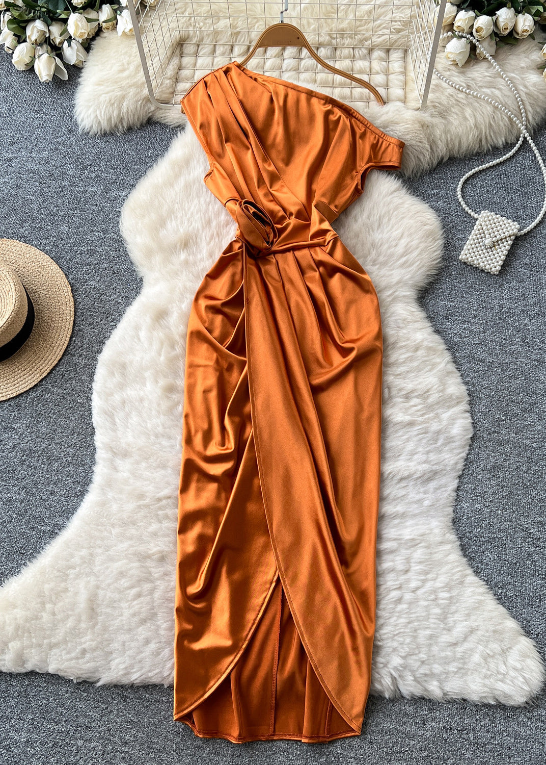 Casual Orange One Shoulder Floral Side Open Dinner Dresses Summer