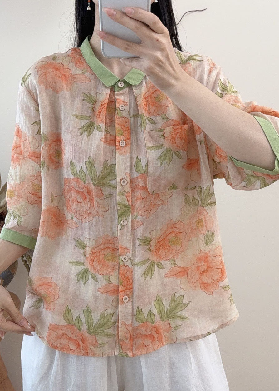Casual Orange Peter Pan Collar Print Linen Tops Summer