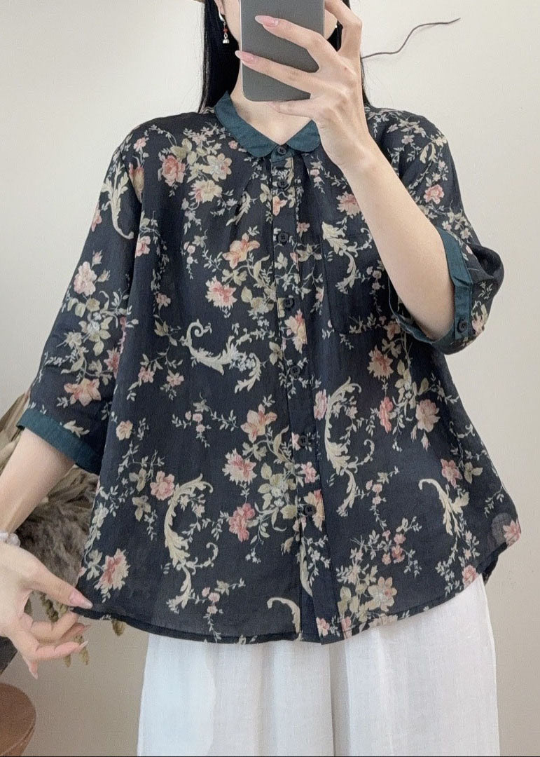 Casual Orange Peter Pan Collar Print Linen Tops Summer