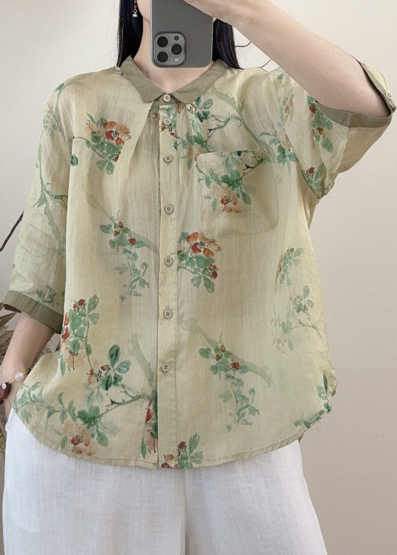 Casual Orange Peter Pan Collar Print Linen Tops Summer