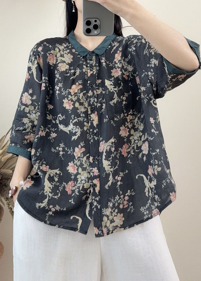 Casual Orange Peter Pan Collar Print Linen Tops Summer
