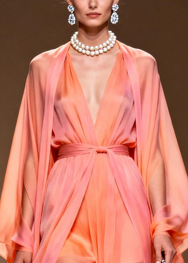 Casual Orange V Neck Draping Chiffon Dress Two Piece Set Summer