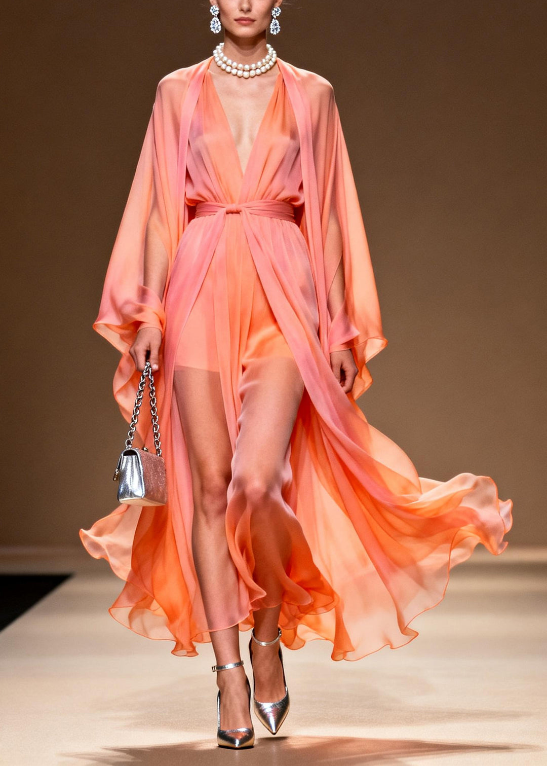 Casual Orange V Neck Draping Chiffon Dress Two Piece Set Summer