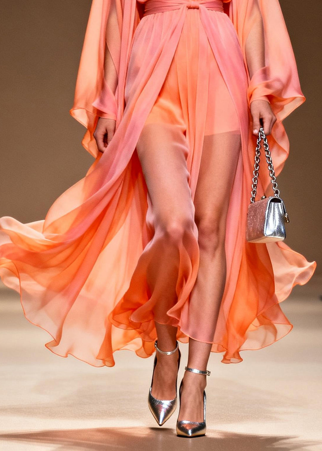 Casual Orange V Neck Draping Chiffon Dress Two Piece Set Summer