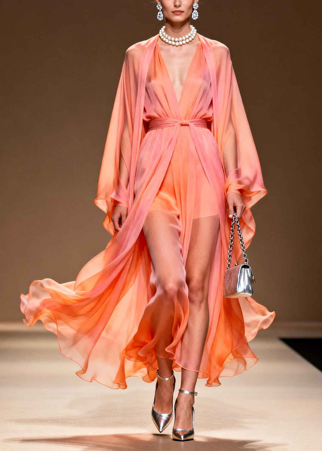 Casual Orange V Neck Draping Chiffon Dress Two Piece Set Summer