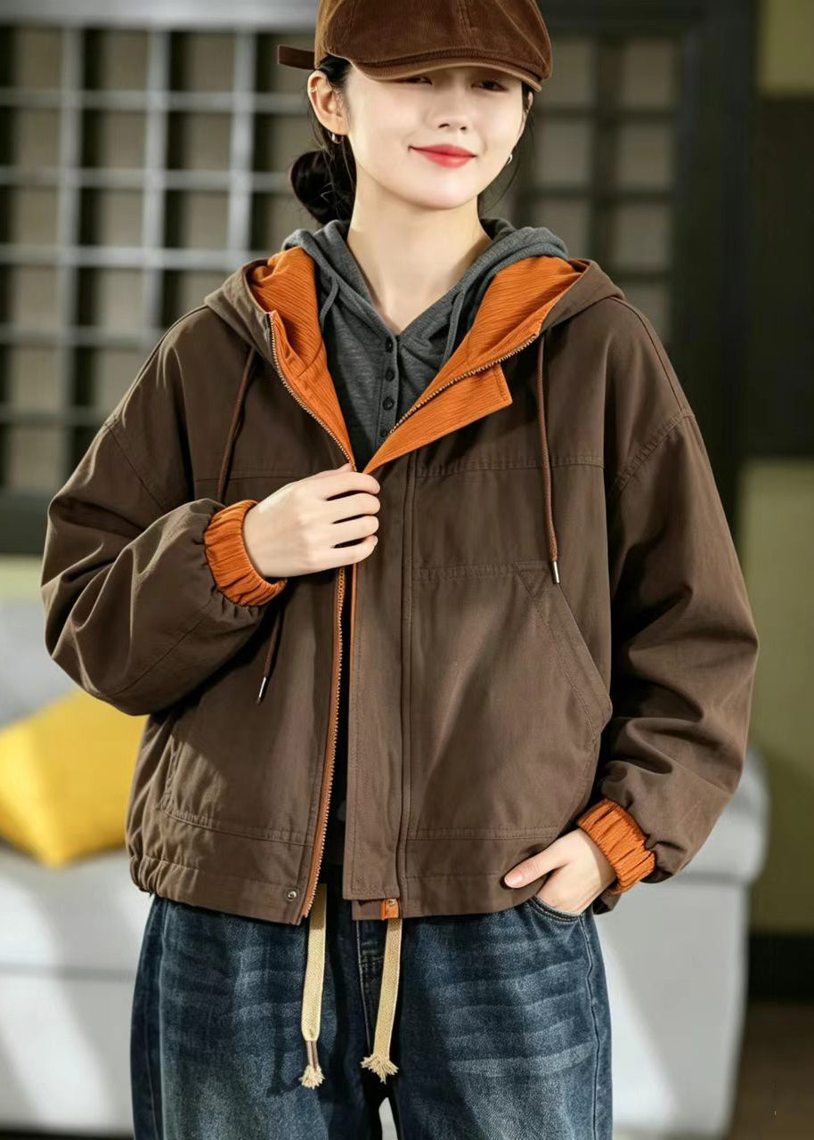 Casual Orange Yellow Reversible Hooded Pockets Patchwork Corduroy Jacket Fall