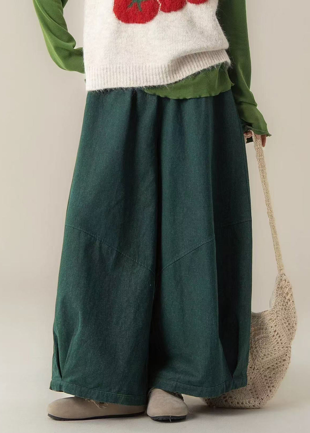 Casual Peacock Green Oversized Denim Wide Leg Pants Spring