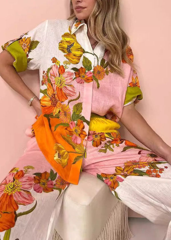 Casual Peter Pan Collar Print Cotton Two Pieces Set Summer