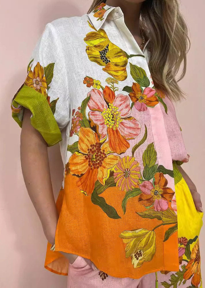 Casual Peter Pan Collar Print Cotton Two Pieces Set Summer