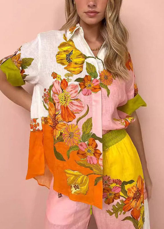 Casual Peter Pan Collar Print Cotton Two Pieces Set Summer