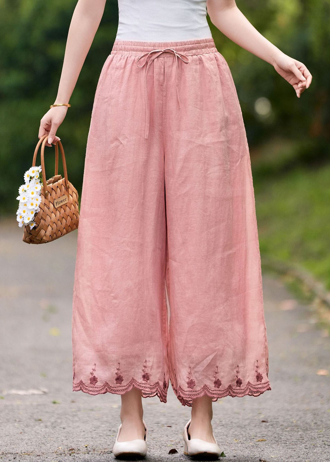 Casual Pink Embroidered Elastic Waist Linen Pants Summer