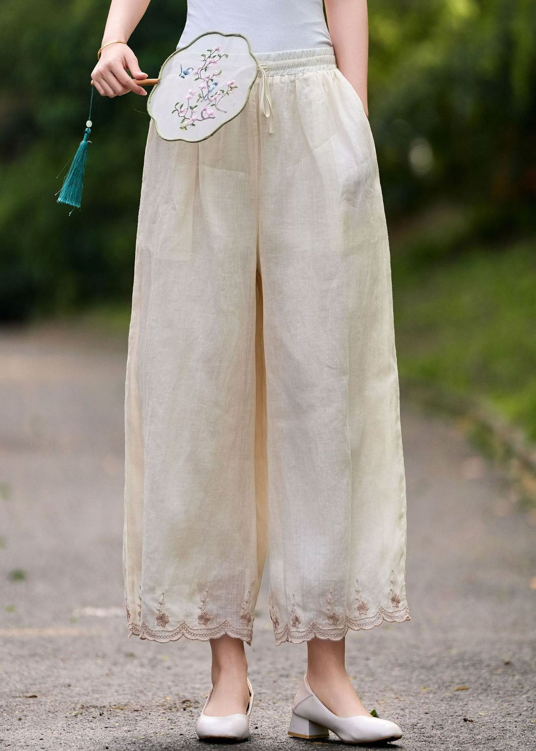 Casual Pink Embroidered Elastic Waist Linen Pants Summer