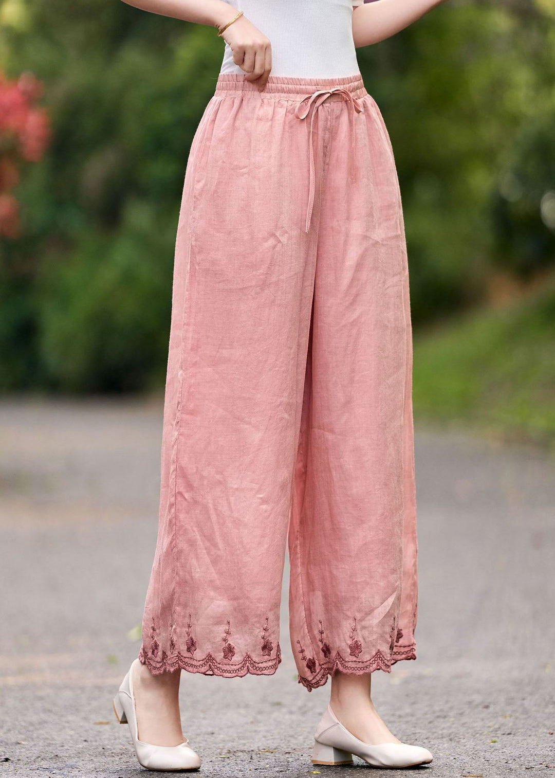 Casual Pink Embroidered Elastic Waist Linen Pants Summer