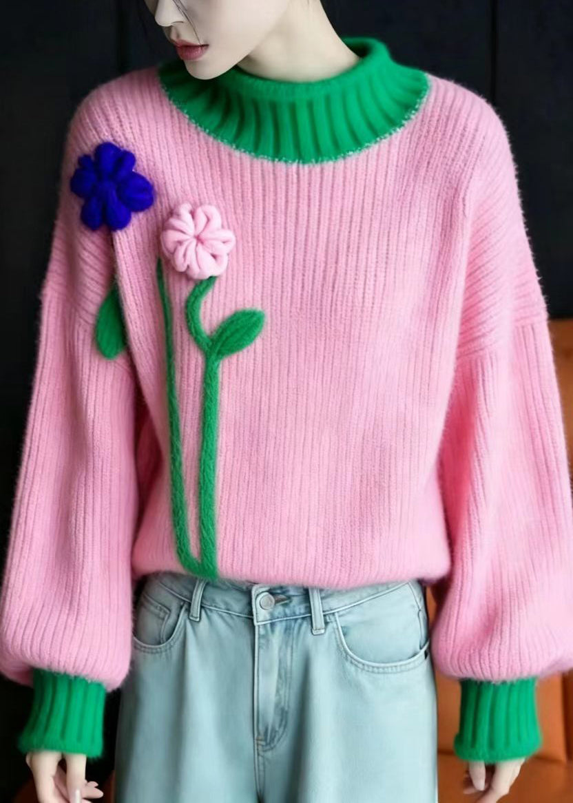 Casual Pink Green Stereoscopic Floral Knitted Tops Long Sleeve