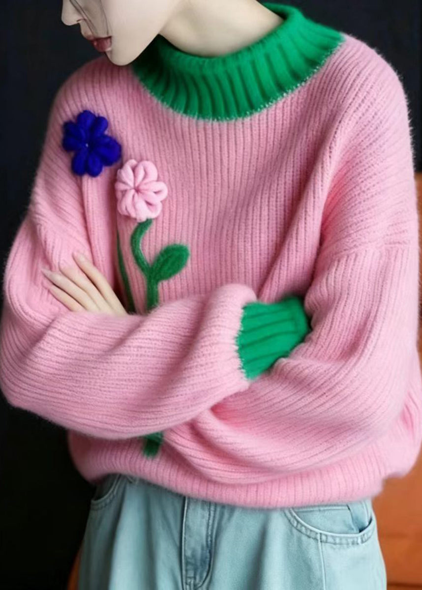 Casual Pink Green Stereoscopic Floral Knitted Tops Long Sleeve